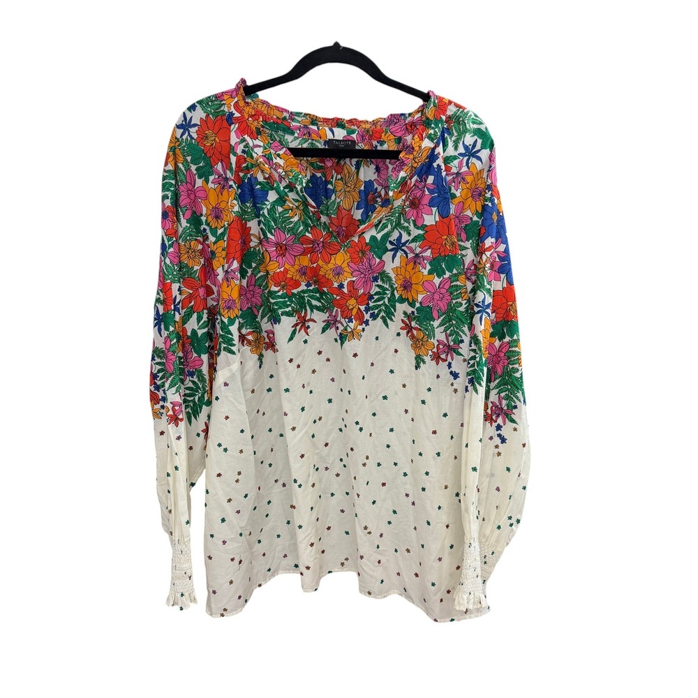 Talbots Blissful Floral Print Popover 3X White Multi Smocked Cuff Boho Blouse - Picture 1 of 9